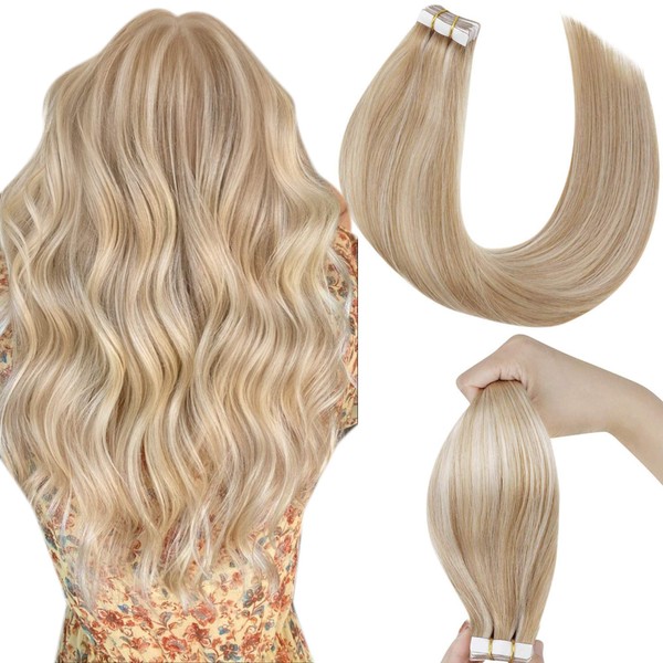 LaaVoo Blonde Tape in Hair Extensions Real Human Hair Dirty Blonde Highlighted Platinum Blonde Straight Human Hair Tape in Extensions Thick 20Pcs 14 Inch 50 Grams