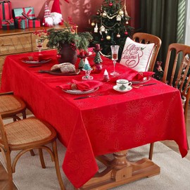 Honellaty Christmas Poinsettia Tablecloth Rectangle, 52 x 70 inch Jacquard Washable Polyester Durable Spillproof Anti-Wrinkle Damask Fabric Table Cover for Christmas or Daily Uses, Red