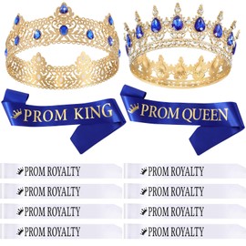 Saintrygo 12 Pcs Prom Crown and Sash Set, Prom King and Queen Tiara Rhinestone Crown Glitter Court Royal Satin Sash for 2025 Graduation Ball Dance Night Party Birthday Accessory(Blue,Elegant)