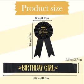 oruola 2pcs Birthday Queen Sash, Black Satin Birthday Baddie Sash, Party Supplies for Women, Birthdays Girl Accessories Sash Badge Set for Children Girls Party Decoration