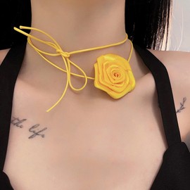 Wendalern Gothic Flower Choker Necklace Vintage Yellow Rose Flower Collar Necklace Long Ribbon Floral Lace-up Necklace Thin Ribbon Bow Tie Choker Necklace Cosplay Costume Jewelry for Women Girls