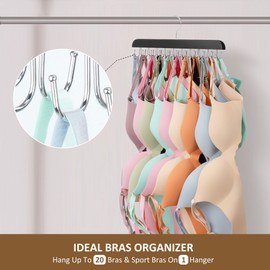 ZEDODIER Bra Hanger, Tank Top Hanger, Bra Hangers for Closet Organizer, Wooden Closet Organizer with 20 Adjustable Hooks, Space-Saving Storage for Bras, Tank Tops, and Belts, Black