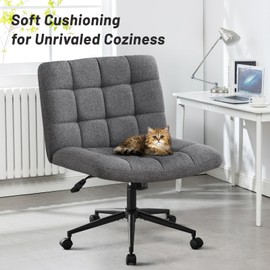 Furniliving Armless Office Desk Chair, Linen Fabric Padded Swivel Chair, Adjustable Home Office Chair with 360° Wheels, Wide Criss Cross Chair for Desk for Living Room, Bedroom, Darkgrey