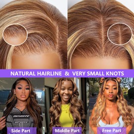 BYWEEW Honey Blonde Ombre Lace Front Wig Human Hair Highlight Body Wave 13X6 Lace Front Wigs Human Hair Pre Plucked HD Frontal 180 Density Glueless 4/27 Highlighted Human Hair Wig 26 Inch
