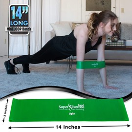 Super Exercise Band 10 Pack 14" x 3" Extra Long Green Light Strength Mini Loop Bands. Non-Latex Resistance for Fitness, Physical Therapy, Pilates, and Strength Training.