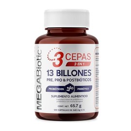 MegaBiotic 13 Billones Prebioticos, Probioticos y Postbioticos | 3 Cepas | Suplemento Alimenticio con Inulina de Agave | 120 Cápsulas | 548 Miligramos