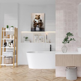 Bear Bathroom Wall Art Funny Bathroom Pictures Wall Decor Bear on Toilet Canvas Print Painting Home Bathroom Signs Decoration Artwork Framed 16"X24"