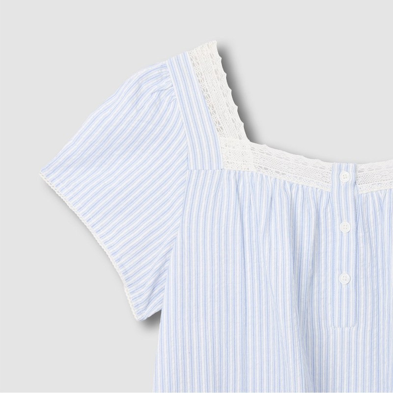 JAJU [JAJU] Women's Seersucker Shirring Short Sleeve Pajama Dress_Light Blue