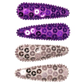 Mia Spirit Snip Snaps Sparkly Sequins Metal Barrettes, For School Spirit, Dance, Cheer, Fashion, For Women and Girls 4pcs (purple/silver)
