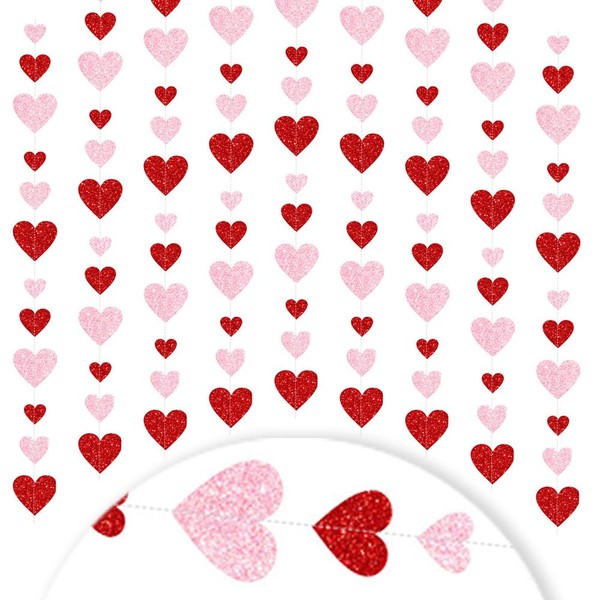 Heart Garland Hanging Decor, 5 Pack Red & Pink Foil