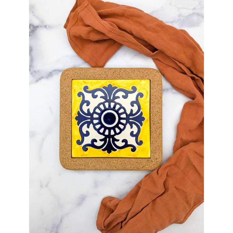 Portuguese Ceramic Tiles Trivet with Cork Base for Hot Pots