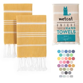WETCAT Turkish Hand Towels with Hanging Loop, Set of 2 (20" x 30") 100% Turkish Cotton, Pre-Washed, Quick Drying, for Kitchen or Bathroom - Honey Gold