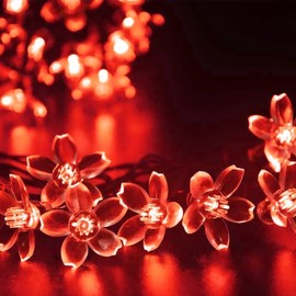 KINGCOO Solar Flower String Lights Outdoor, Waterproof 21FT 50LED Peach Cherry Blossom Solar Fairy String Lights 8modes for Gardens Indoor Home Wedding Christmas Party Decorations(Red)