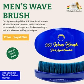 Black Lavish Essentials Men’s Hair Brush, Build Deeper, Hard Boar Bristle Curved, Perfect for Styling Hair, Ultimate Wave Grooming Tool, 360 Wave Brush (Medium-Hard Brush, Blue)