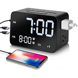 Cargador de Reloj Despertador con 3 Puertos USB y 2 Salidas de CA, LED Pantalla Reloj Alarma Dual con Máquina de Ruido Blanca, 12/24 Horas, 4 Brillo Ajustable, Función Snooze y Alarma Espejo Portátil
