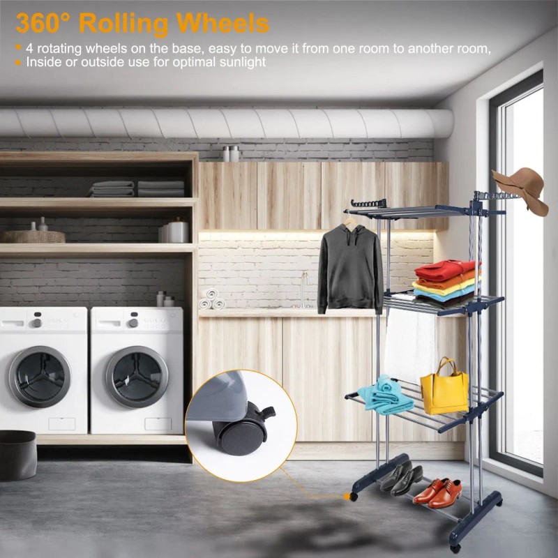 Dual Side Wings Rolling Collapsible Clothes Drying Rack Laundry Dryer