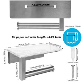 Toilet Paper Holder with Marble Shelf, SUS304 Stainless Steel Wall Mounted Toilet Paper Holder, Marble Top Toilet Paper Holder Brushed