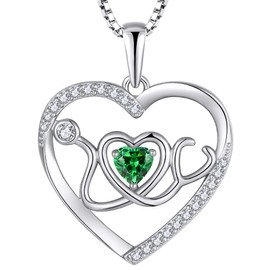 YL Heart Stethoscope Necklace Sterling Silver Doctor Nurse Medical Pendant Created Emerald RN Registered Student Jewelry for Women