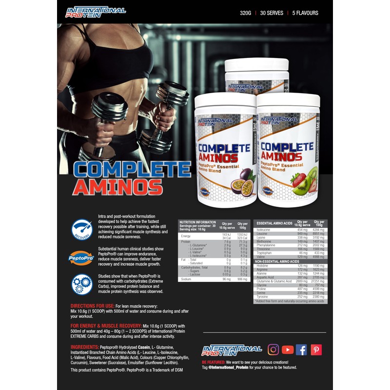 International Protein Strawberry Kiwi Flavour Complete Aminos BCAAs Powder 320