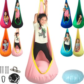 HiChrote Kids Pod Swing Seat, Max 300 Lbs, Child Sensory Swing Chair Indoor & Outdoor Therapy Hammock Chair with Hanger Kit for Calming, Effect for Autism, ADHD or SPD. (Pink)