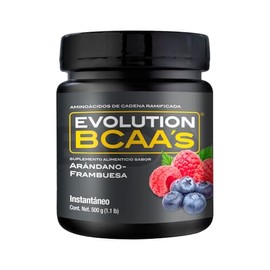 EVOLUTION, Aminocidos BCAA, Suplemento Alimenticio, Leucina, Sin Gluten, Pre Workout, Post Workout, Sabor Arndano - Frambuesa, 25 Porciones, 500g     