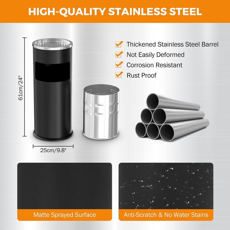 BEAMNOVA Outdoor Trash Can with Lid Black Stainless Steel Commercial