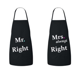 FASCIINO® Set of Hubby Wifey Mr. Right/Mrs. Always Right His and Hers Chef Couples Apron Valentines Wedding Bridal Gift 2pcs (Black)