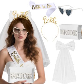 Pack of 5 Hen Party Accessories Women, Bride to Be White Sash Veil, Bridal Cosmetic Bag, Heart Sunglasses Pearl, Headband Bride, JGA Decoration for Stag Party Women, Bridal Accessories for Wedding