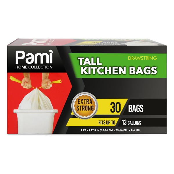 PAMI Tall 13-Gallon Kitchen Drawstring Trash Bags [30-Pack, White]- Extra-Strong Plastic Garbage Bags- Thick Trash Can Liners For Kitchen, Bathroom & Outdoor Bins- 2ft x2ft Unscented Trash Bags