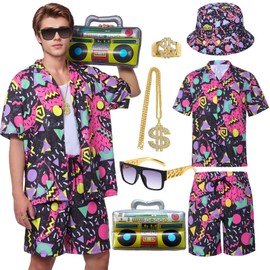 Antsparty 80s Fancy Dress Men, Retro 80s 90s Outfit with Hat Glasses Necklace Ring Inflatable Radio, Hip Hop Costume Outfit for 80s Themed Disco Party