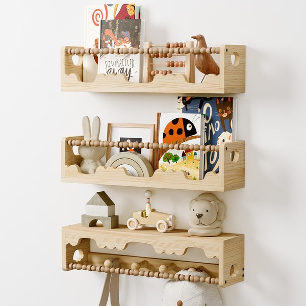 THKVESN Floating Book Shelves for Wall,3-Pack Scalloped Floating Shelves,Hanging Shelves,Nursery
