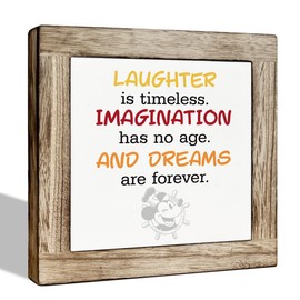 Inspirational Quote Wood Plaque Sign, Laughter Imagination Dreams Wooden Box Sign Desk Decor, Cute Mouse Shelf Table Office Decoration for Home Office Living Room Bedroom