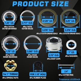 LUXTRKSTO 4 Sets 25580 14125A Trailer Hub Bearings Kit, with 21333TB/10-10 22333TB/10-36 Grease Seals 2.72'' Dust Caps Cotter Pins Castle Nuts & Washers for 7000 lbs Trailer #D42 Tapered Spindle Axle