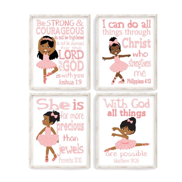 African American Ballerina Christian Nursery Decor Set of 4 Unframed