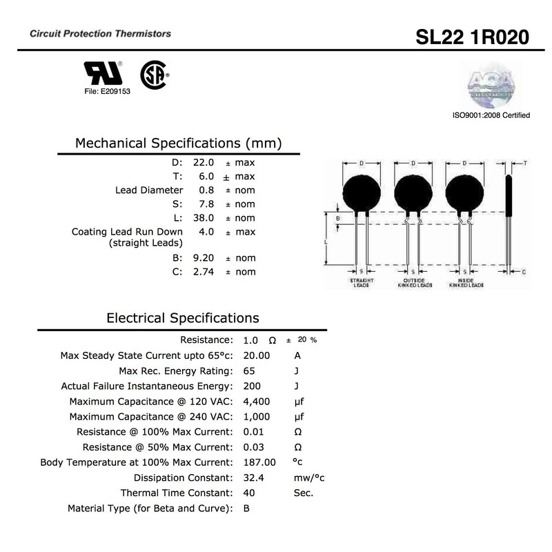 Ametherm SL22 1R020 (Pack of 2) NTC THERMISTOR,ICL 1 OHM