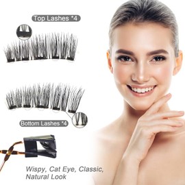 Joyeee Magnetic Eyelashes, 4pairs Dual Magnetic False Fake Eye Lashes Reusable Curly Wispy Thick Fluffy eyelashes with Applicator, No Need Glue 3D Look Eye Makeup for Girls Teen Women Starter Gift