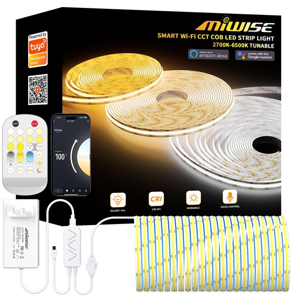 MIWISE CCT COB LED Strip Light Tunable White,32.8ft/10m Dimmable 2700K-6500K