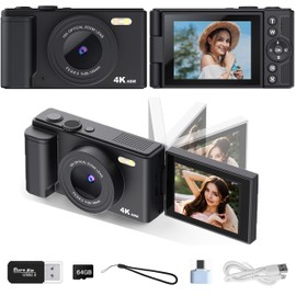 Digital Camera 1080P FHD 64MP with 2.8" 180° Flip Screen,18X Digital Zoom, Compact Portable Vlogging Camera with 64gb SD Card and Type-C OTG Adapter for Kids Teen Students Beginner (Black)
