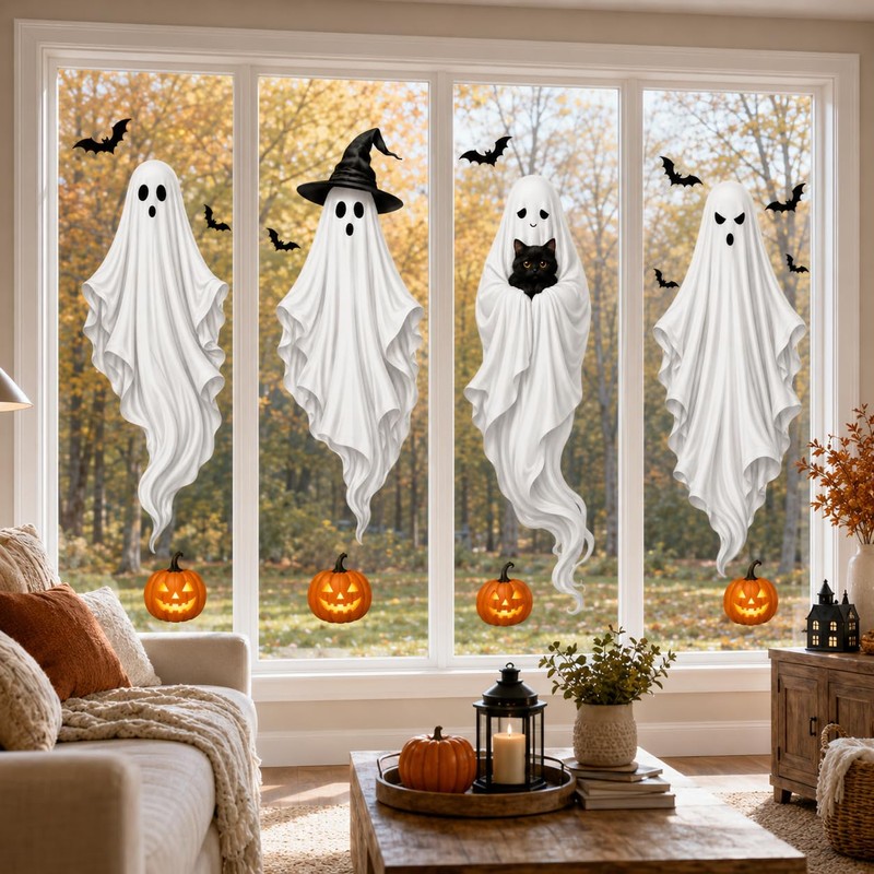 Extra Large Halloween Window Clings, Ghost Witch Hat Pumpkin Decals