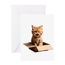 CafePress Funny Mean Cat In Box Crazy Angry Kitty Mad Cat Greeting Cards Folded Greeting Card Glossy