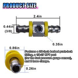 BDZMC 3/8” Fuel Line Fuel Pressure Barbed Push Lock T-Fitting Adapter, Stainless Steel 1/8-27 NPT Sensor Port, Includes Clamps, Fits 9.5mm Inner Diameter Hose