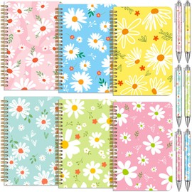 Resurhang 6 Pack Daisy Spiral Notebooks Preppy Journal Cute Aesthetic Hardcover Ruled Notebooks with Ballpoint Pens Retractable Black Ink Pens for Office School Day Classroom Prize, 5.8 x 8.3 Inches
