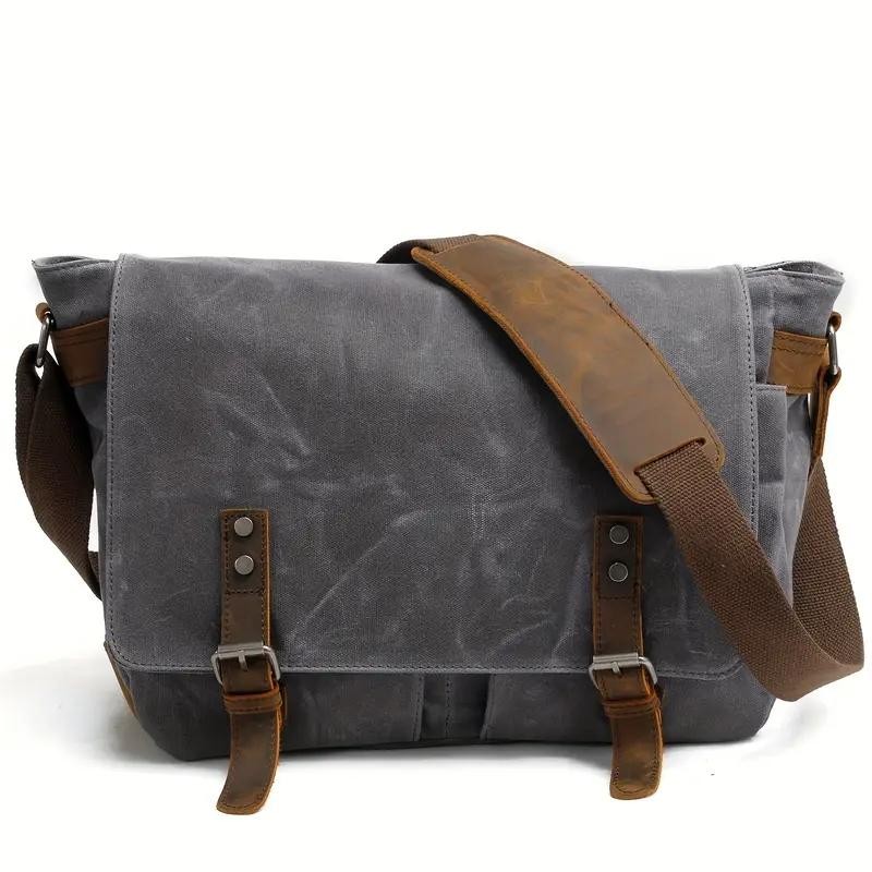 Mens Waxed Canvas Messenger Bag Shoulder Satchel Leather Crossbody Bag