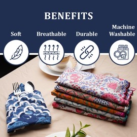 Ridhi Mixed Color Floral Hand Block Print Cloth Napkins with Embroidery 18X18 Set of 6 | Reusable Cotton Dinner Napkins for Table Settings Weddings Parties & Everyday Dining, Thanksgiving Christmas