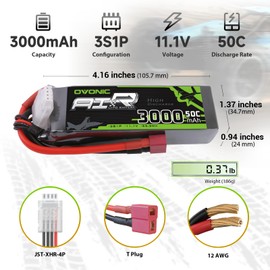 OVONIC 3S Lipo Battery 50C 3000mAh 11.1V Lipo Battery with Dean-Style T Connector for RC Airplane Helicopter Quadcopter RC Car Truck Boat(2 Packs)(with Lipo Voltage Checker)