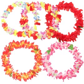 OUNONA ハワイアンレイ ハワイ花輪 ガーランド 花 フラダンス レイ 首飾り カラフル 髪飾り ハワイ飾り ハワイアン雑貨 夏 布製 5点セット ビーチ コスチュームアクセサリー 造花 お祭り 結婚式 記念日 壁掛け