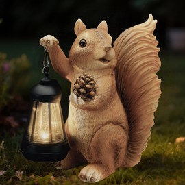 Elegondrar Solar Squirrel Garden Statue Outdoor Decor, Squirrel Sculpture with Lantern for Yard Lawn Patio Balcony, Birthday Housewarming Gifts for Mom, Grandma, Women, Brown,Resin