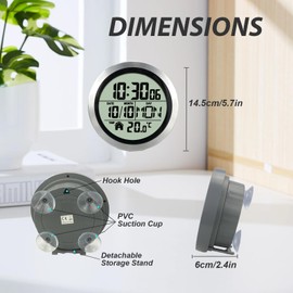 Digital Waterproof Shower Clock, Bathroom Wall Clock with Temperature, Suction Cup Hanging Hole Stand for Living Room and Kitchen, Large LCD Display, Modern Silent Small Clocks with Plastic Frame