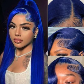 Blue Lace Front Wigs Human Hair Straight Pre Plucked With Baby Hair 200% Density 13x4 Hd Transparent Lace Frontal Wigs Wear and Go Glueless Blue Wigs Human Hair for Black Women 18 Inch