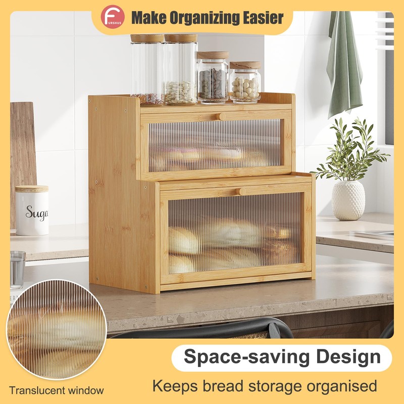 Furshus Double Layer Bamboo Bread Box for Kitchen Counter, Countertop